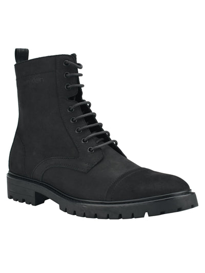 CALVIN KLEIN Mens Black Lug Sole Pull Tab Cushioned Removable Insole Lorenzo Round Toe Block Heel Lace-Up Boots Shoes 11