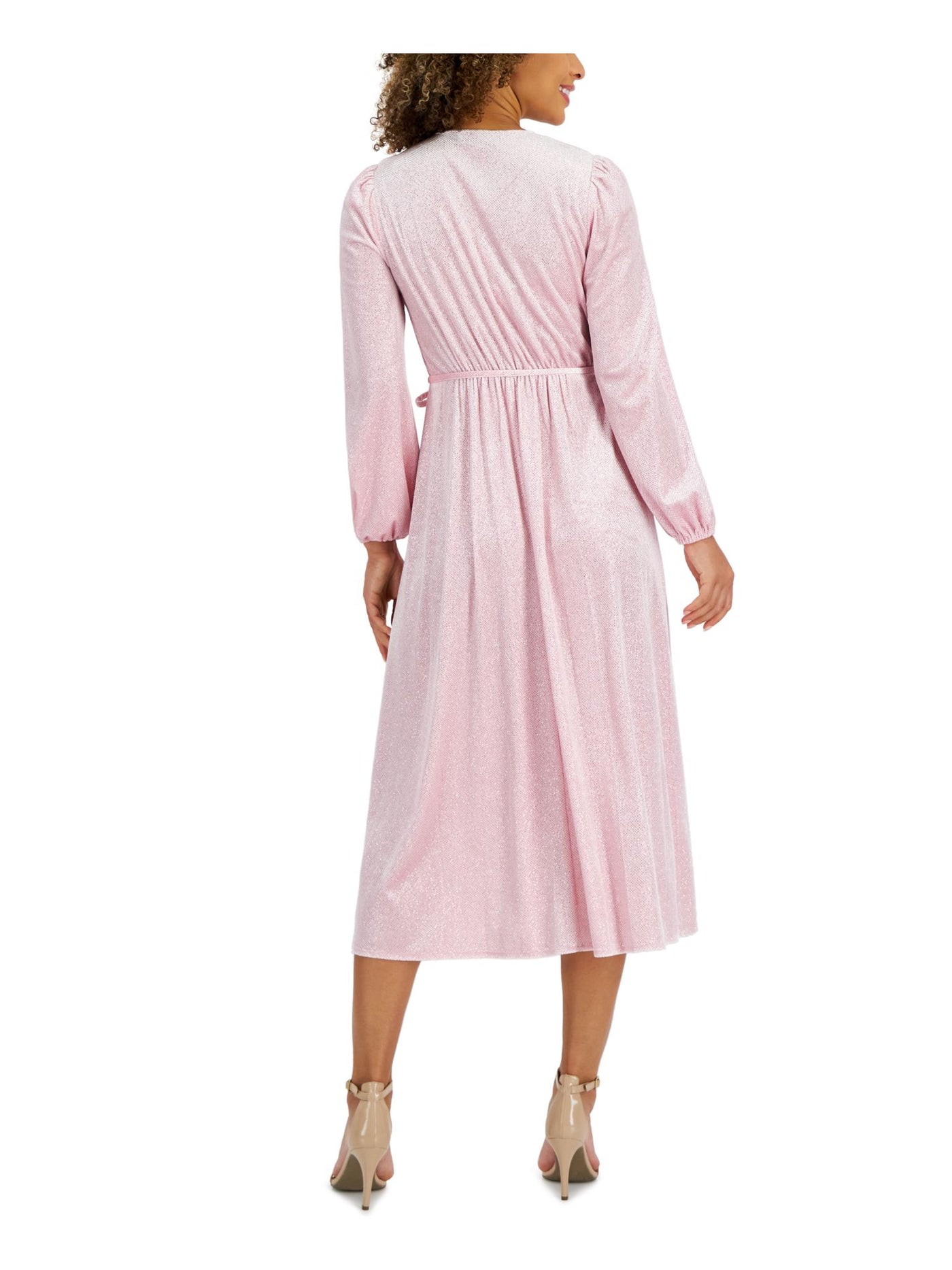 KASPER DRESS Womens Pink Darted Unlined Tie Belt Pullover Polka Dot Long Sleeve Surplice Neckline Midi Fit + Flare Dress XXL
