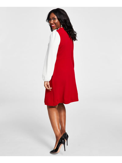 KASPER Womens Red Tie Pullover Color Block Long Sleeve Surplice Neckline Above The Knee Wear To Work Faux Wrap Dress M