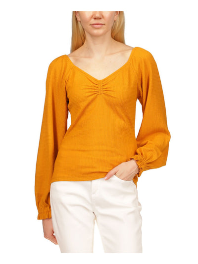 MICHAEL MICHAEL KORS Womens Orange Textured Square Back Unlined Ruched Long Sleeve V Neck Top M