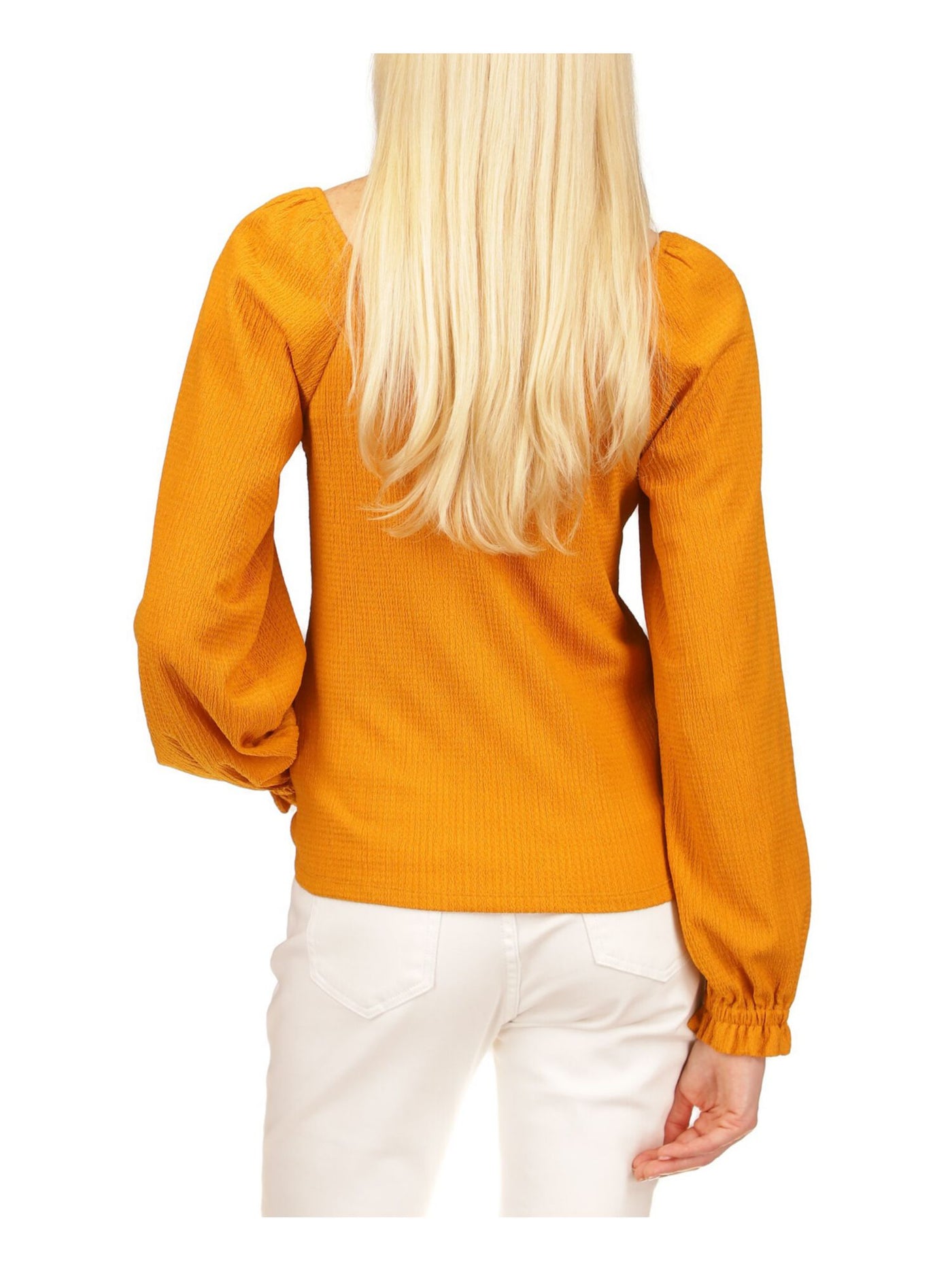 MICHAEL MICHAEL KORS Womens Orange Textured Square Back Unlined Ruched Long Sleeve V Neck Top M