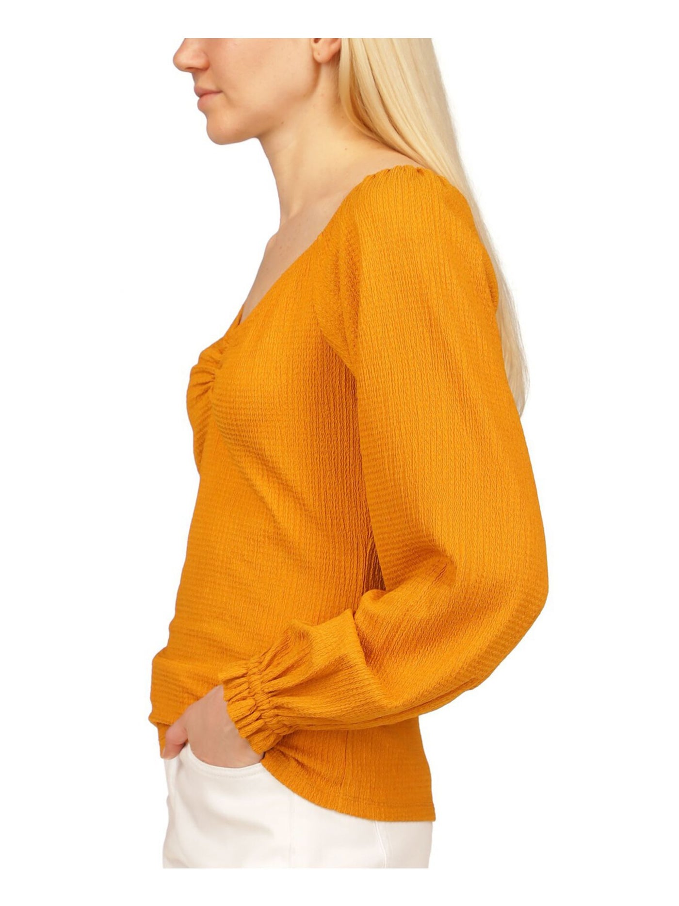 MICHAEL MICHAEL KORS Womens Orange Textured Square Back Unlined Ruched Long Sleeve V Neck Top M