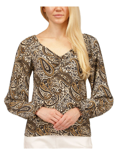 MICHAEL MICHAEL KORS Womens Beige Ruched Unlined Square Back Elastic Cuffs Paisley Long Sleeve V Neck Top S