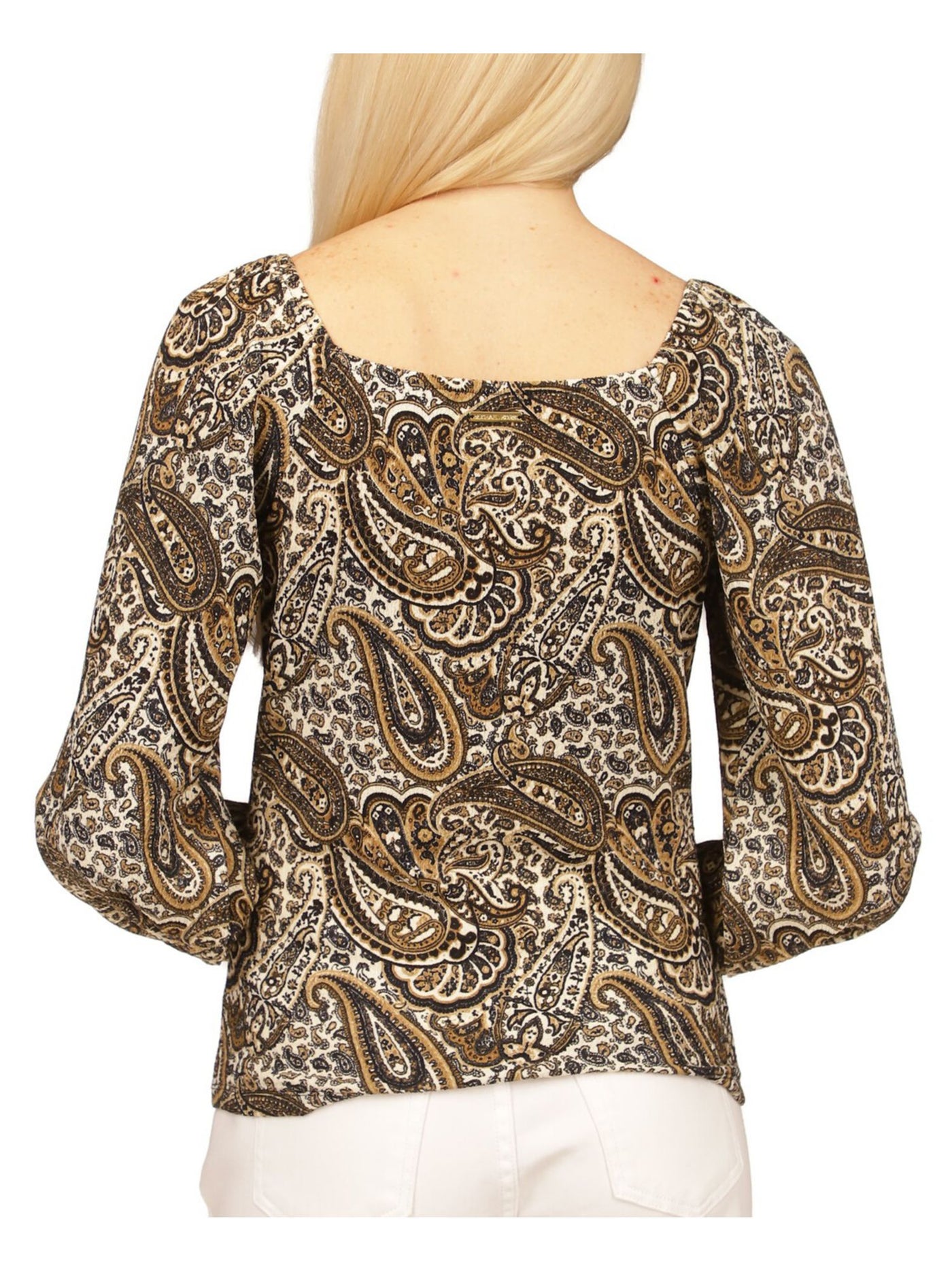 MICHAEL MICHAEL KORS Womens Beige Ruched Elastic Cuffs Paisley Long Sleeve V Neck Top Petites P\XL