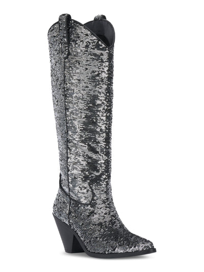 INC Womens Silver Sequined Zipper Accent Ipiriah Round Toe Stacked Heel Western Boot 6.5 M