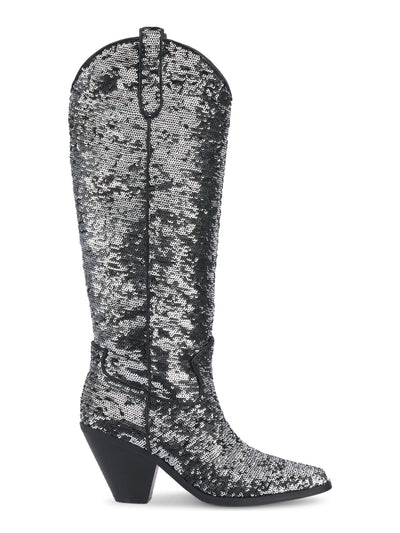 INC Womens Silver Sequined Zipper Accent Ipiriah Round Toe Stacked Heel Western Boot 8.5 M