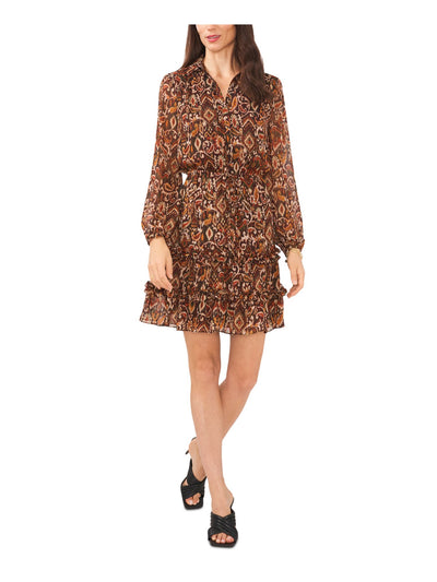 MSK PETITES Womens Brown Ruffled Lined Button Front Tie Pullover Tiered Printed Long Sleeve Collared Short Fit + Flare Dress Petites PM