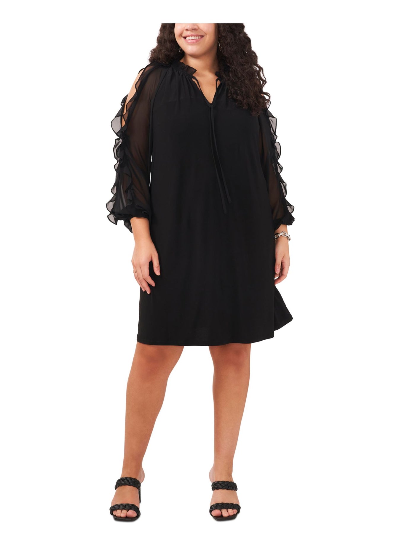 MSK WOMEN Womens Black Ruffled Sheer Lined Bodice Tie Darted 3/4 Sleeve Split Knee Length Shift Dress Plus 2X