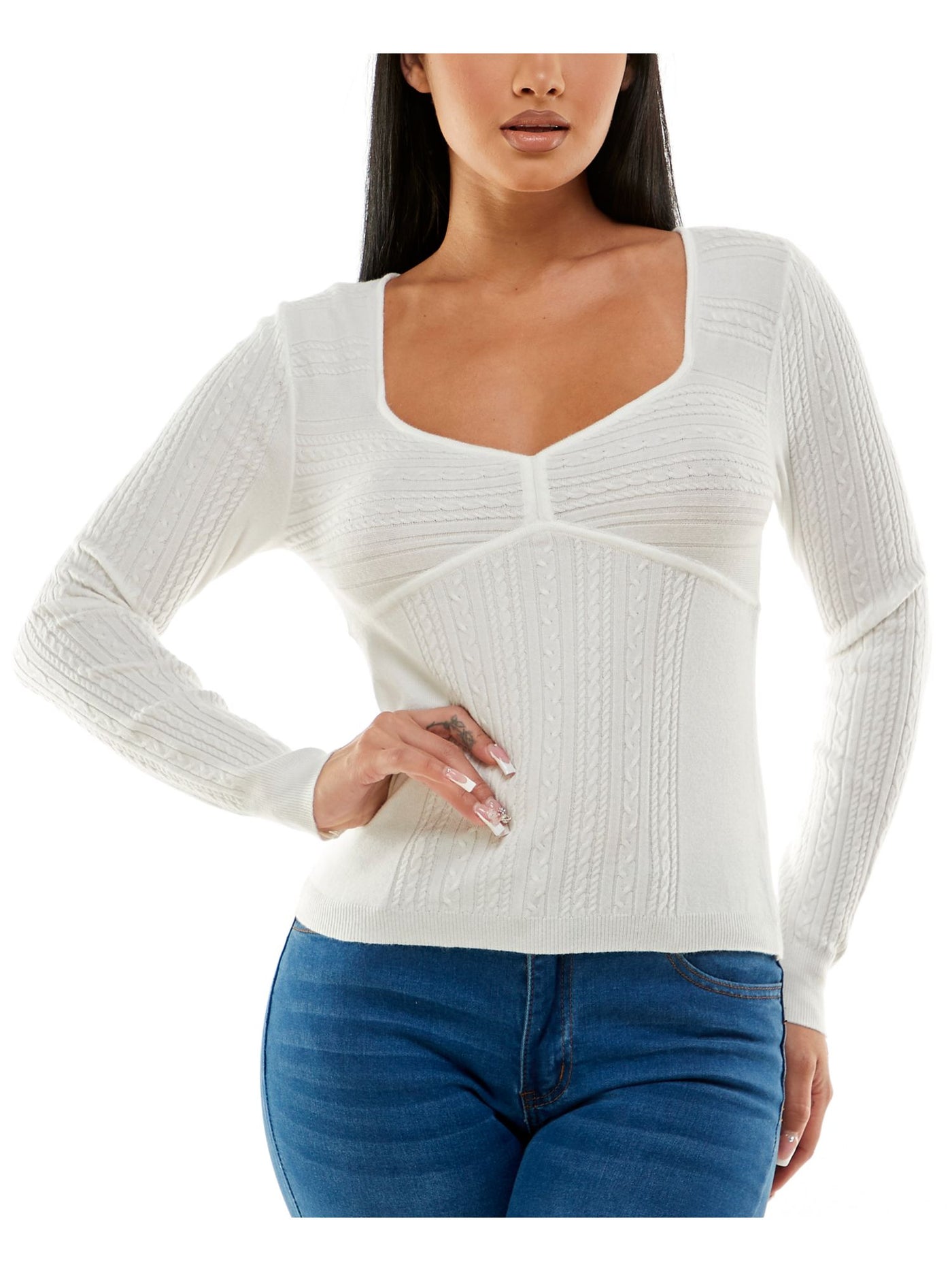 CRAVE FAME Womens Ivory Ribbed Long Sleeve V Neck Sweater XL