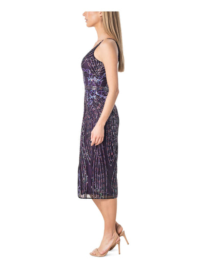 DRESS THE POPULATION Womens Purple Zippered Lined Side Slit Sleeveless V Neck Midi Party Body Con Dress M
