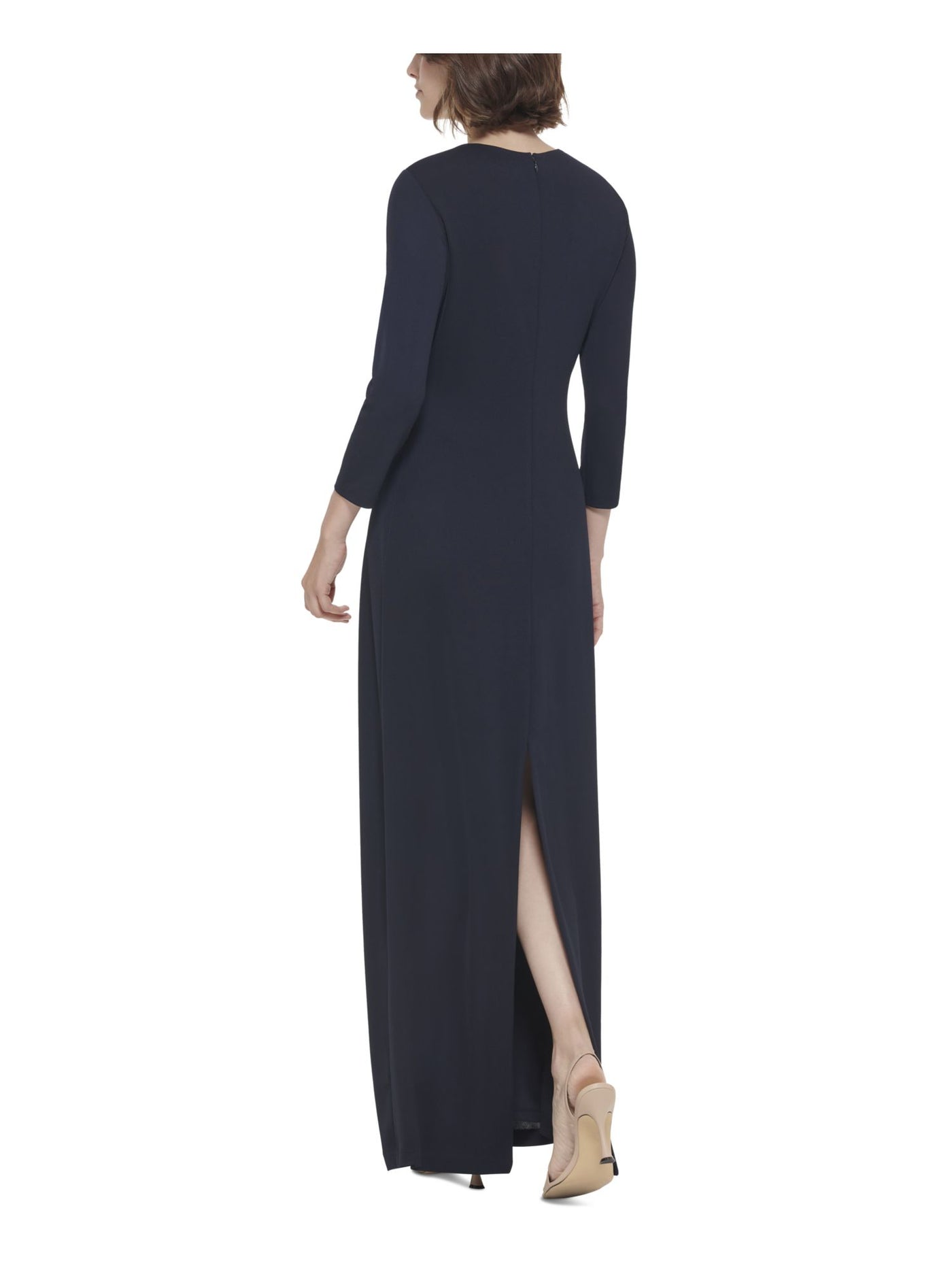 CALVIN KLEIN Womens Navy Cut Out Zippered Lined Slit O-ring 3/4 Sleeve Round Neck Full-Length Evening Gown Dress 14