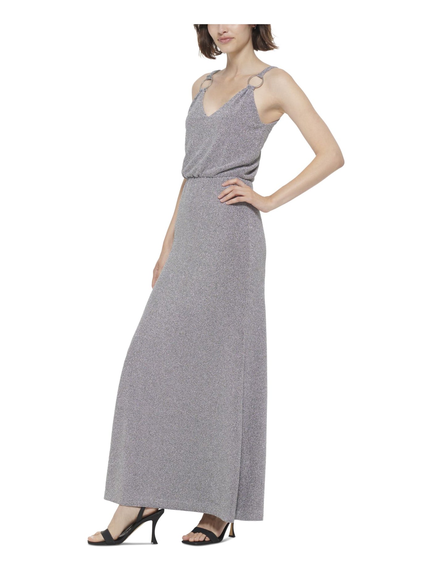 CALVIN KLEIN Womens Silver Zippered Lined Ring-embellished Straps Sleeveless V Neck Full-Length Evening Blouson Dress 6