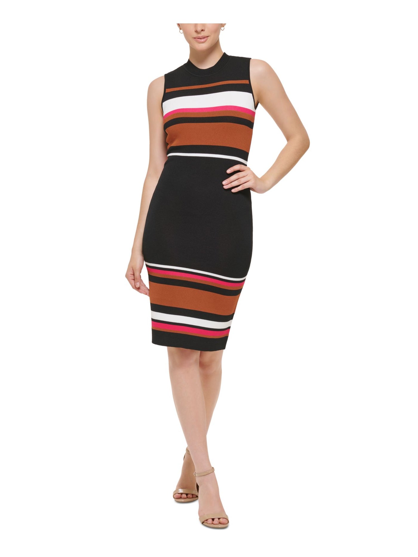 VINCE CAMUTO Womens Black Striped Sleeveless Crew Neck Knee Length Wear To Work Sheath Dress Petites PL