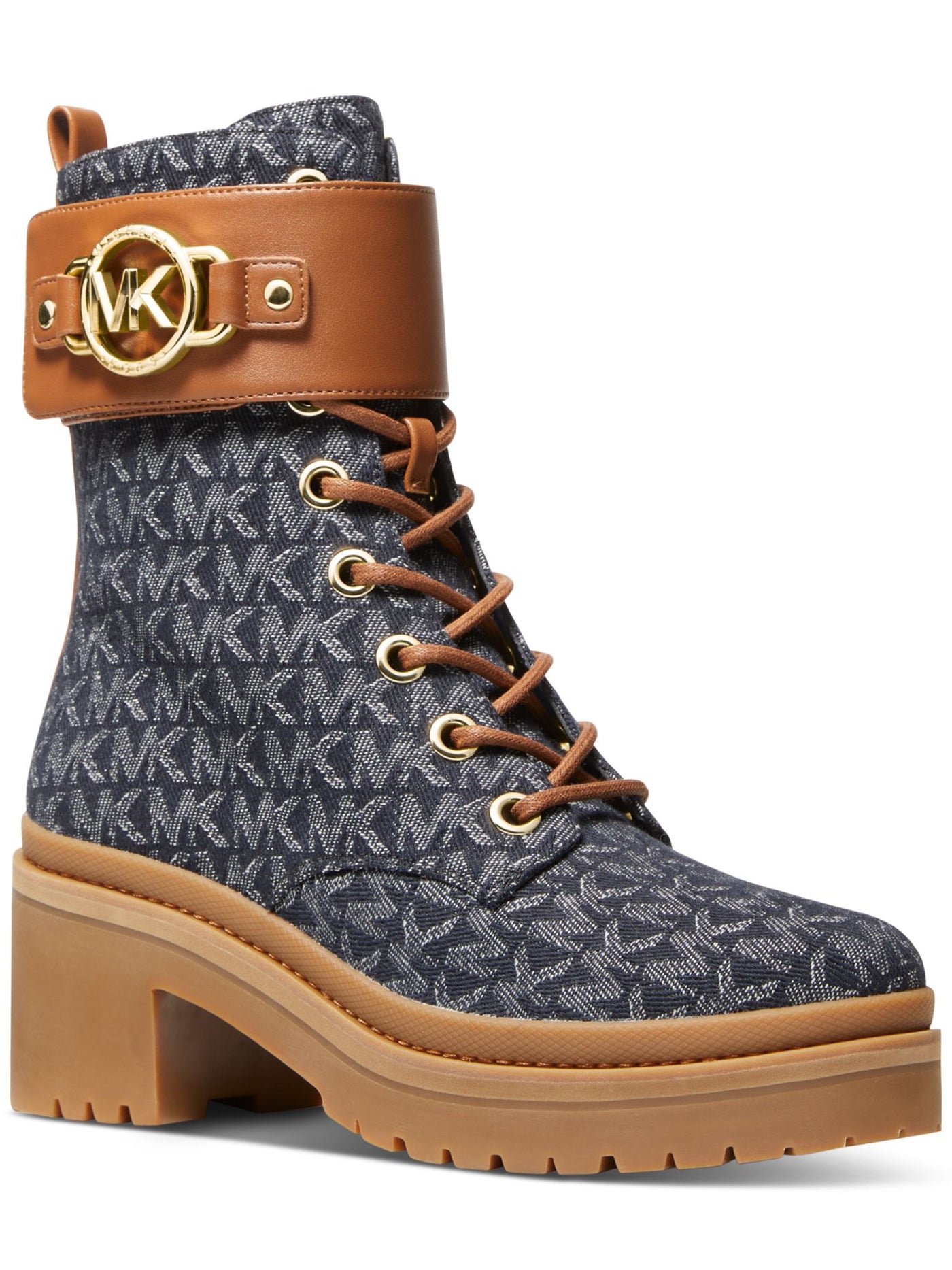 MICHAEL MICHAEL KORS Womens Navy Logo Treaded Lace Up Leather Accents Logo Hardware Heel Pull-Tab Padded Lug Sole Rory Round Toe Block Heel Zip-Up Combat Boots 10 M