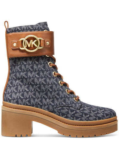 MICHAEL MICHAEL KORS Womens Navy Logo Treaded Lace Up Leather Accents Logo Hardware Heel Pull-Tab Padded Lug Sole Rory Round Toe Block Heel Zip-Up Combat Boots 10 M