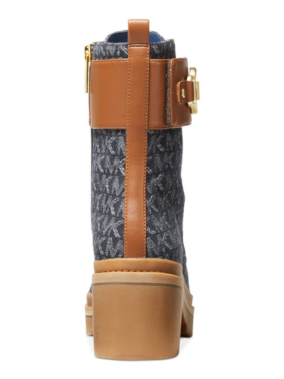 MICHAEL MICHAEL KORS Womens Navy Logo Treaded Lace Up Leather Accents Logo Hardware Heel Pull-Tab Padded Lug Sole Rory Round Toe Block Heel Zip-Up Combat Boots 10 M