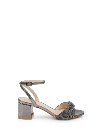 JEWEL BADGLEY MISCHKA Womens Gray Mixed Media Rhinestone Twist Padded Metallic Ankle Strap Ansley Open Toe Block Heel Buckle Dress Heeled Sandal 5