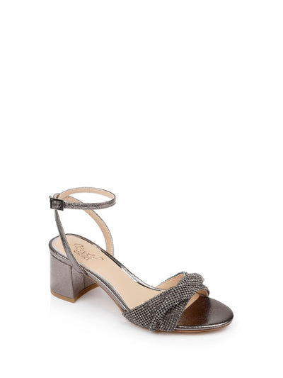 JEWEL BADGLEY MISCHKA Womens Gray Mixed Media Rhinestone Twist Padded Metallic Ankle Strap Ansley Open Toe Block Heel Buckle Dress Heeled Sandal 5