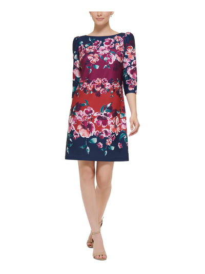JESSICA HOWARD Womens Navy Zippered Unlined Floral 3/4 Sleeve Round Neck Above The Knee Wear To Work Fit + Flare Dress 8