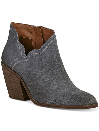 LUCKY BRAND Womens Gray V-Notch Scalloped Lakelyy Almond Toe Stacked Heel Zip-Up Leather Booties 11 M