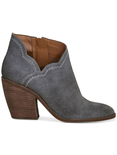 LUCKY BRAND Womens Gray V-Notch Scalloped Lakelyy Almond Toe Stacked Heel Zip-Up Leather Booties 11 M