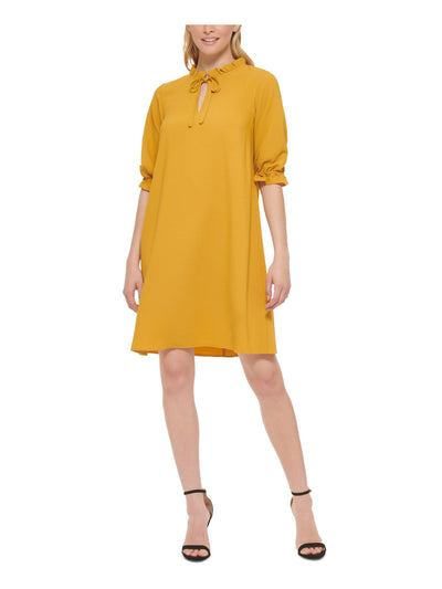 JESSICA HOWARD Womens Gold Ruffled Tie Keyhole Lined Pullover Elbow Sleeve Mock Neck Above The Knee Wear To Work Shift Dress 6