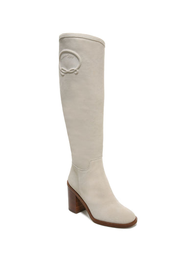 FRANCO SARTO Womens Fog Ivory Padded Rivet-tall Round Toe Stacked Heel Zip-Up Leather Heeled Boots 9.5 M