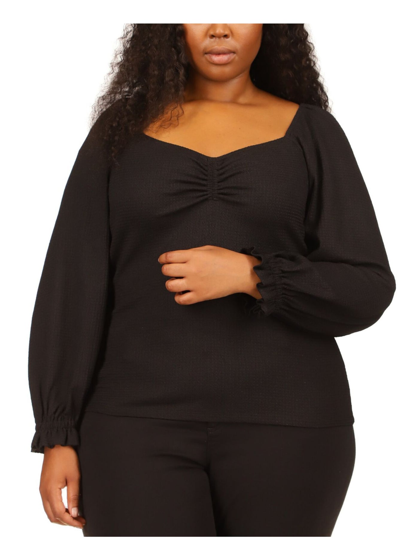 MICHAEL MICHAEL KORS Womens Black Textured Ruched Blouson Sleeve Sweetheart Neckline Top Plus 4X
