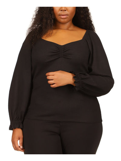 MICHAEL MICHAEL KORS Womens Black Textured Ruched Blouson Sleeve Sweetheart Neckline Top Plus 1X