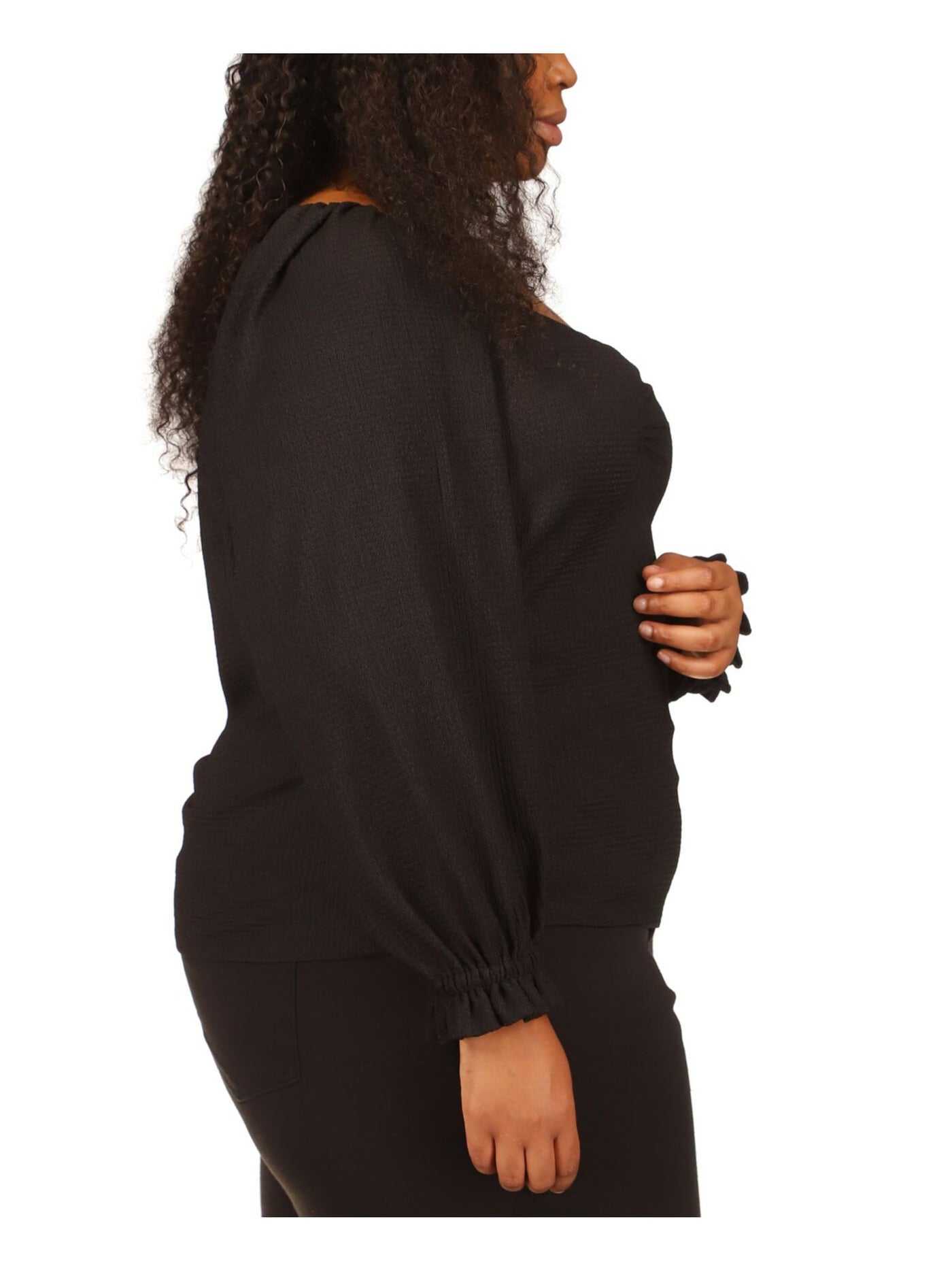 MICHAEL MICHAEL KORS Womens Black Textured Ruched Blouson Sleeve Sweetheart Neckline Top Plus 2X