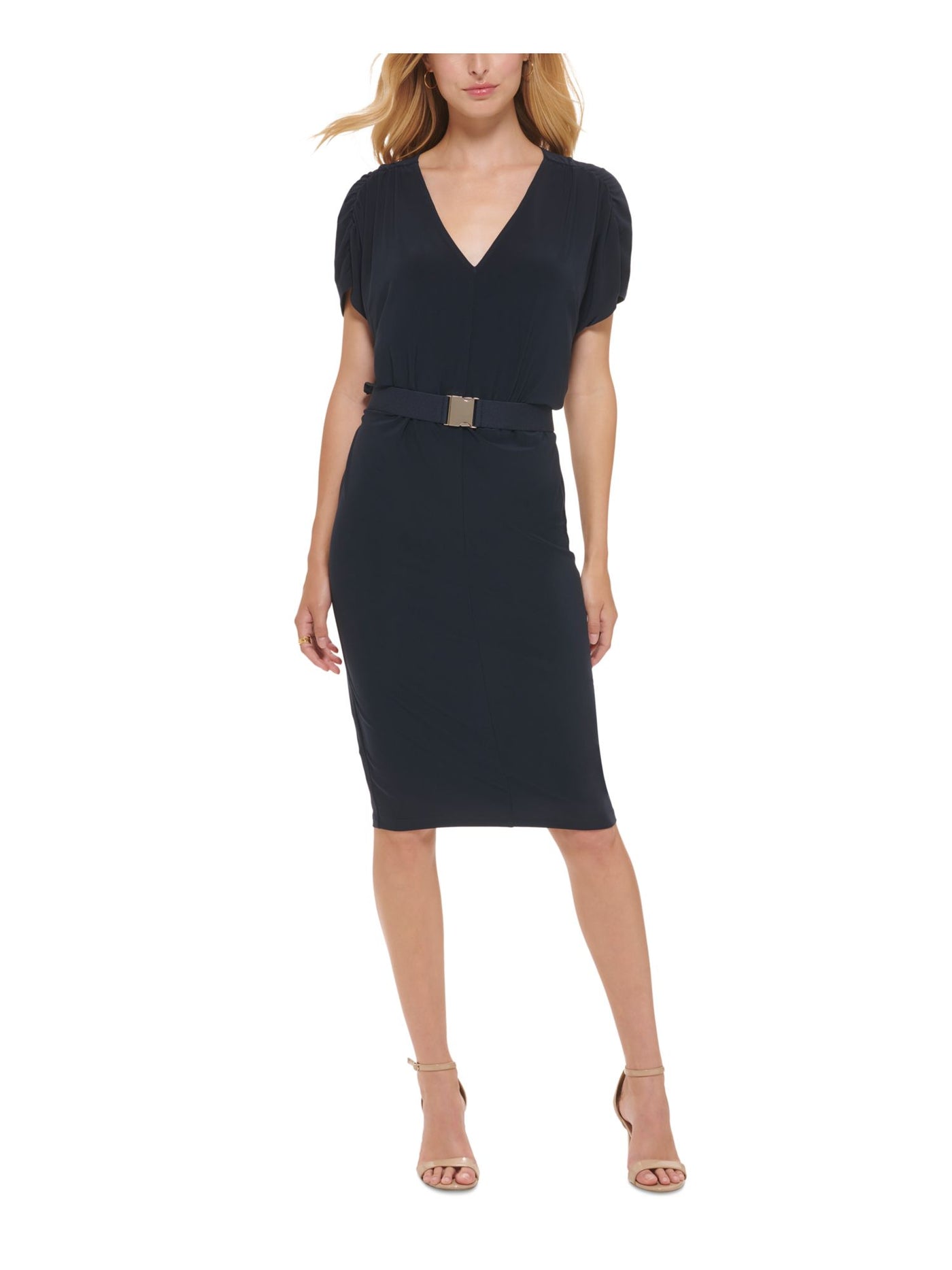 TOMMY HILFIGER Womens Navy Belted Unlined Pullover Center Seams Ruched Dolman Sleeve V Neck Below The Knee Wear To Work Sheath Dress 6