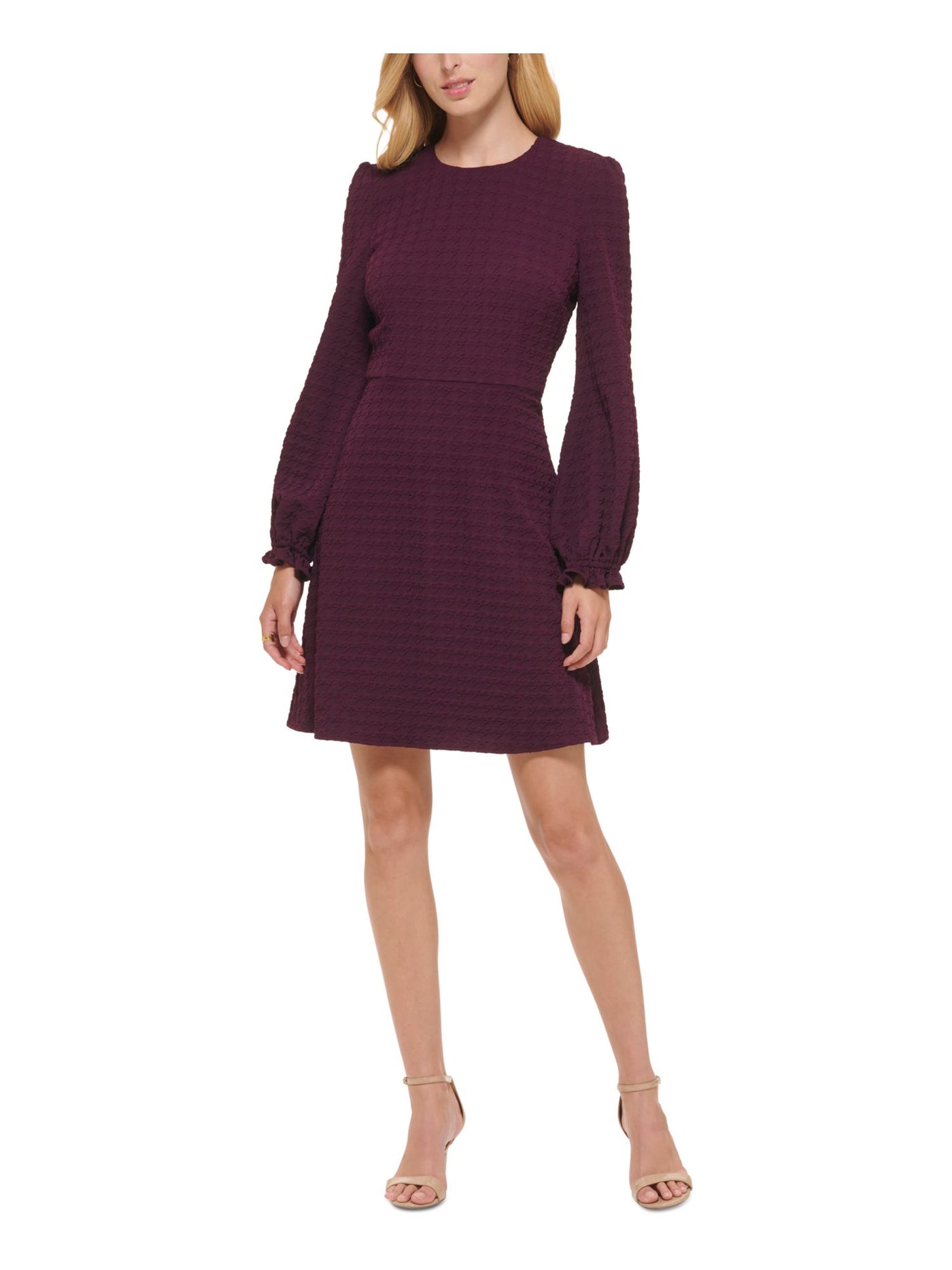 TOMMY HILFIGER Womens Purple Zippered Unlined Ruffled Textured Darted Houndstooth Long Sleeve Round Neck Above The Knee Wear To Work Fit + Flare Dress Petites 4P