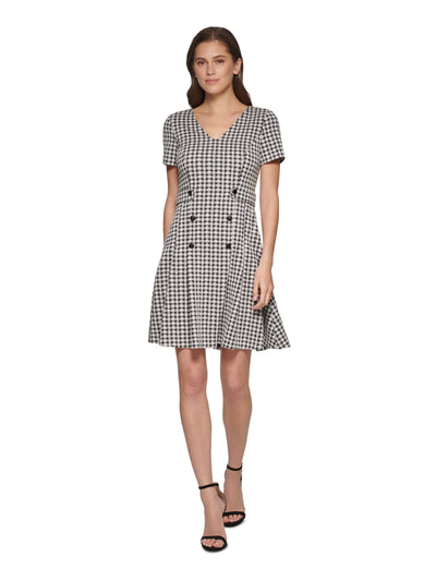 DKNY Womens Black Pleated Zippered V-back Button Trim Gingham Short Sleeve V Neck Above The Knee Wear To Work Fit + Flare Dress Petites 4P