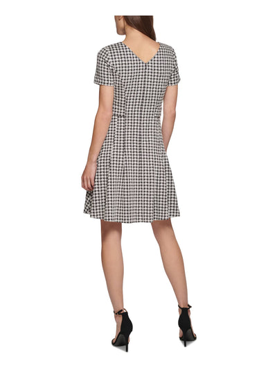 DKNY Womens Black Pleated Zippered V-back Button Trim Gingham Short Sleeve V Neck Above The Knee Wear To Work Fit + Flare Dress Petites 4P