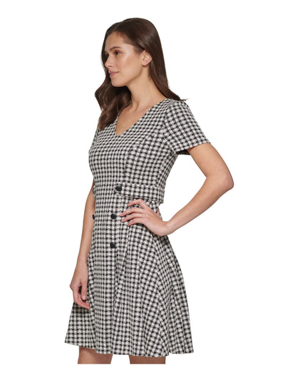 DKNY Womens Black Pleated Zippered V-back Button Trim Gingham Short Sleeve V Neck Above The Knee Wear To Work Fit + Flare Dress Petites 4P