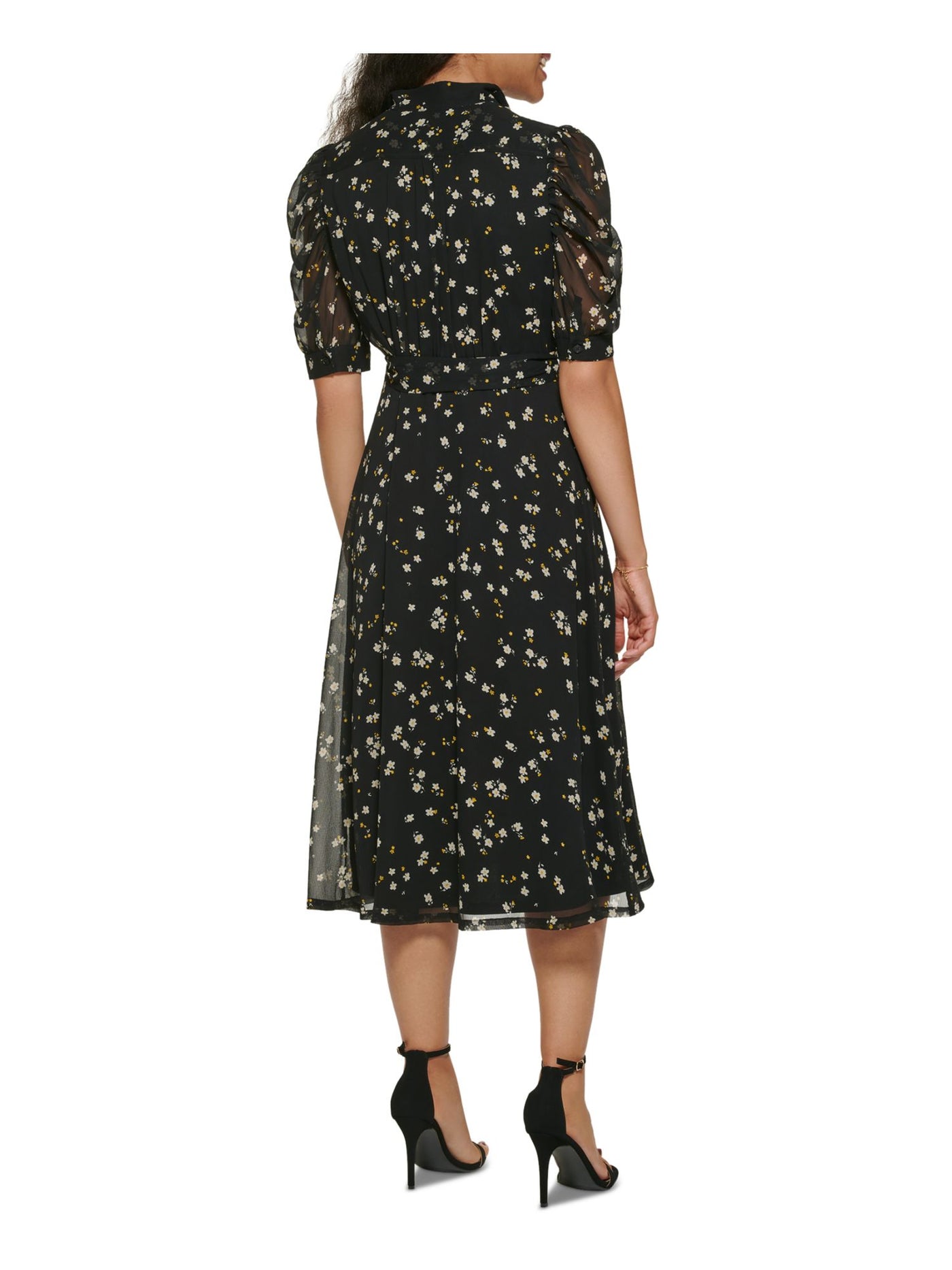 DKNY Womens Black Lined Sheer Tie Belt Slit Floral Pouf Sleeve Collared Midi Shirt Dress 14