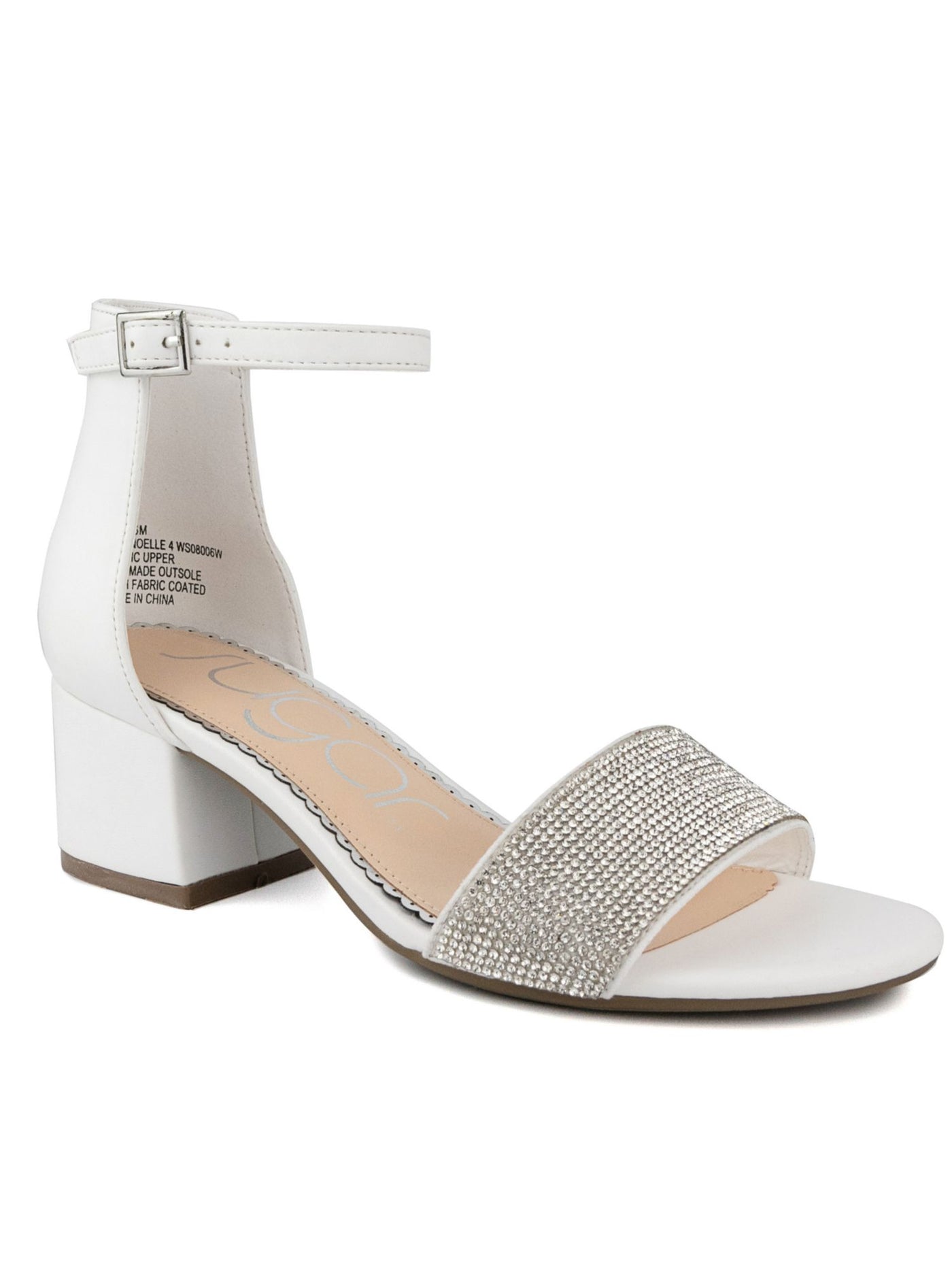 SUGAR Womens White Padded Ankle Strap Rhinestone Ankle Strap Noelle Round Toe Block Heel Buckle Dress Heeled Sandal 6.5 M