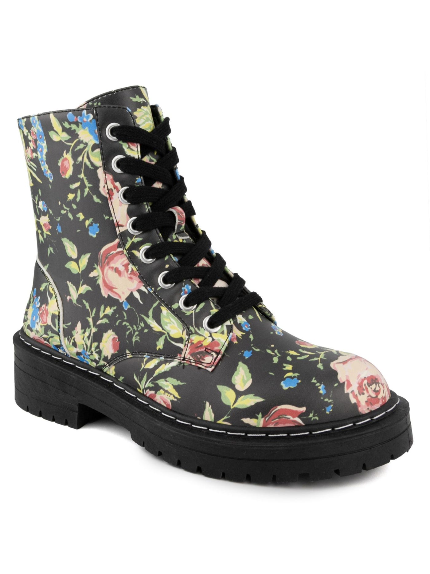 SUGAR Womens Black Floral Lace-Up Front Stitch Detailing Cushioned Kaedy Round Toe Block Heel Zip-Up Combat Boots 7.5 M