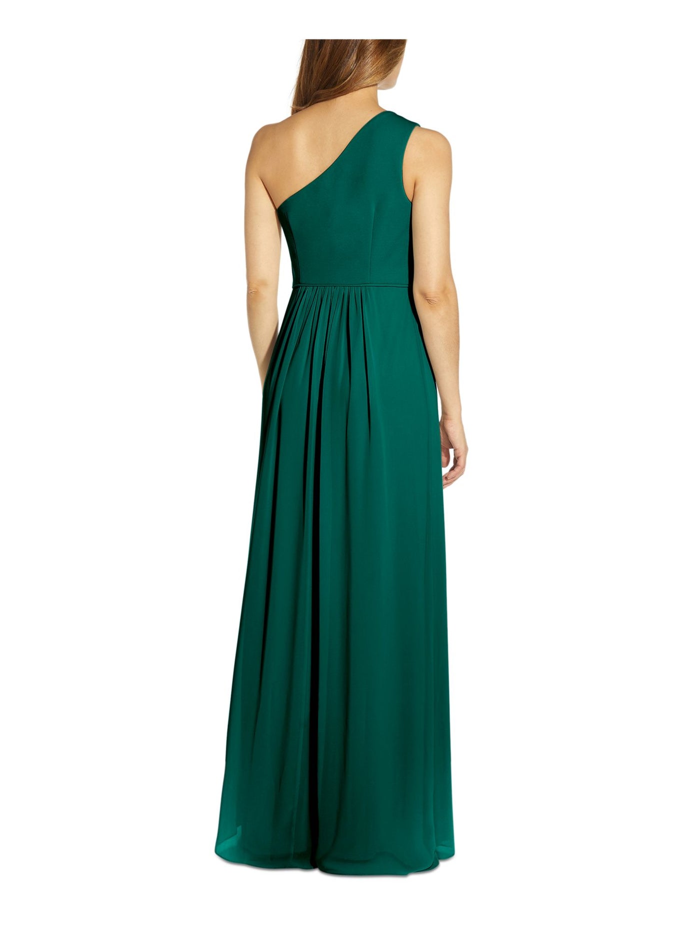 ADRIANNA PAPELL Womens Green Zippered Gathered High Slit Lined Sleeveless Asymmetrical Neckline Full-Length Evening Gown Dress 2