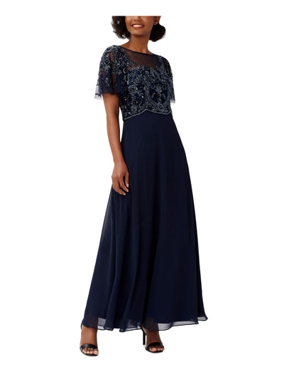 ADRIANNA PAPELL Womens Navy Embellished Scalloped V-back Zippered Lined Flutter Sleeve Boat Neck Maxi Evening Gown Dress 2