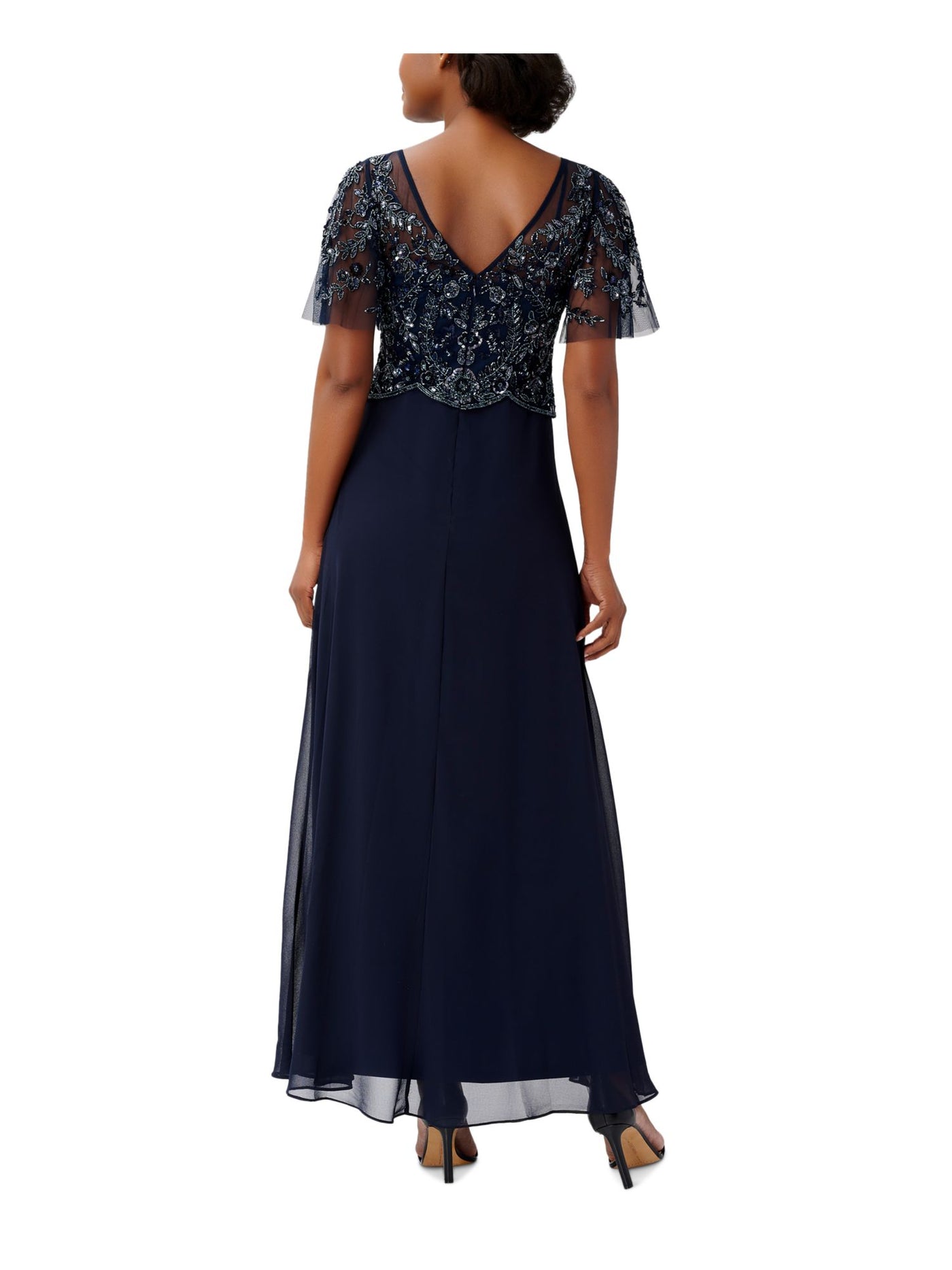 ADRIANNA PAPELL Womens Navy Embellished Scalloped V-back Zippered Lined Flutter Sleeve Boat Neck Maxi Evening Gown Dress 2