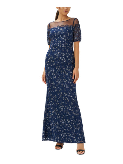 ADRIANNA PAPELL Womens Navy Lined Zippered Floral Short Sleeve Illusion Neckline Maxi Wear To Work Sheath Dress 10