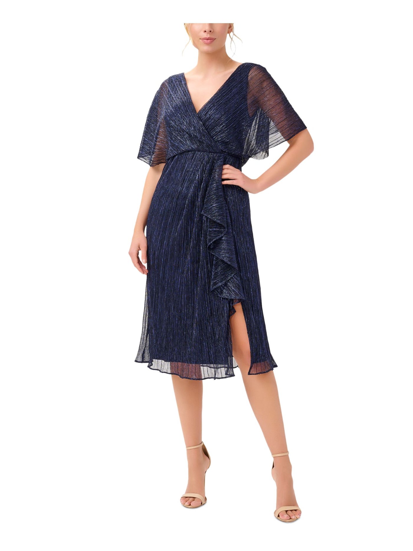 ADRIANNA PAPELL Womens Navy Zippered Slitted Cascading Ruffle Lined Dolman Sleeve Surplice Neckline Midi Party Faux Wrap Dress 4