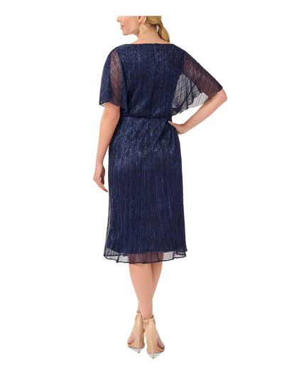 ADRIANNA PAPELL Womens Navy Zippered Slitted Cascading Ruffle Lined Dolman Sleeve Surplice Neckline Midi Party Faux Wrap Dress 4