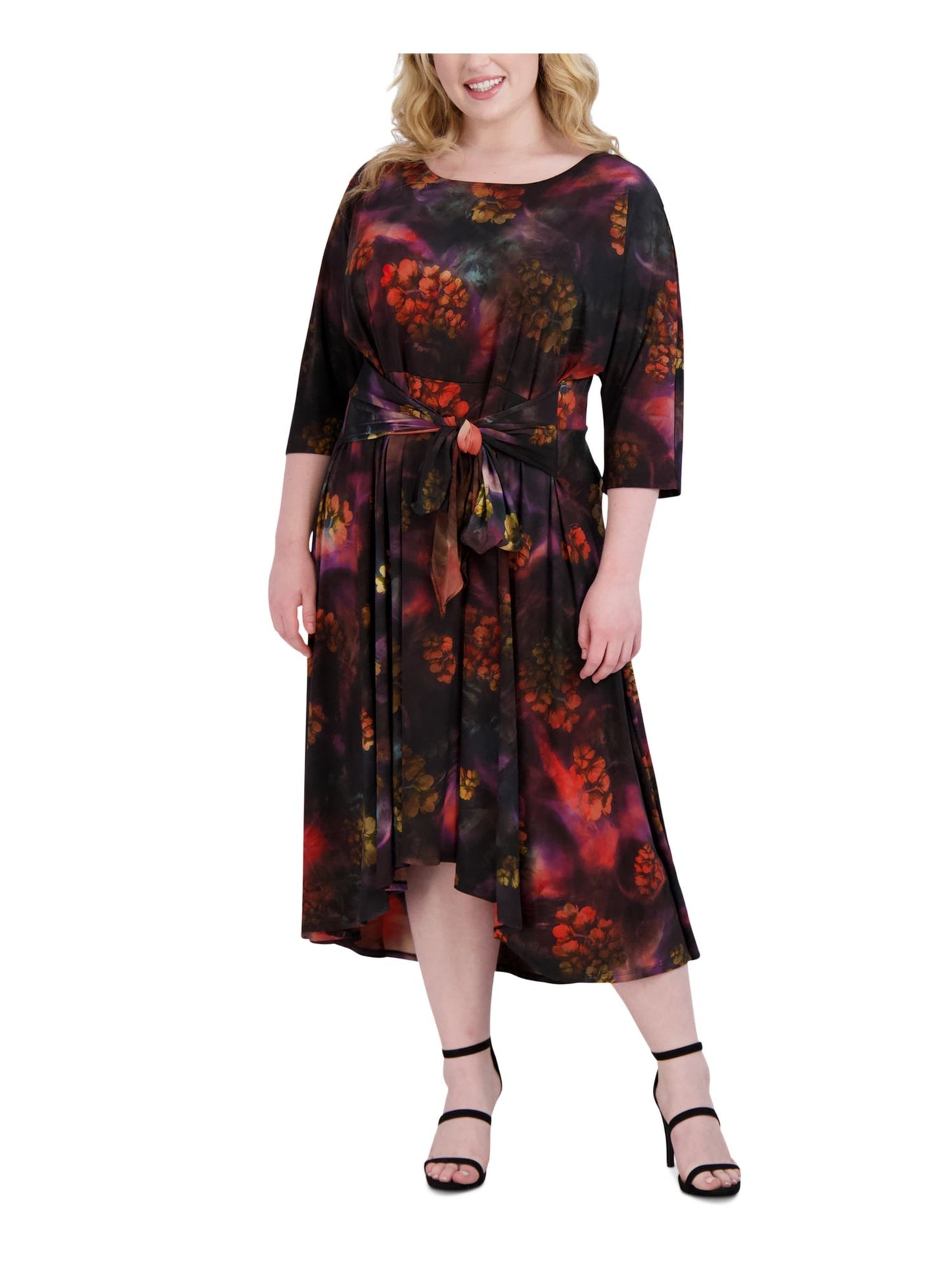 SIGNATURE BY ROBBIE BEE Womens Black Unlined Tie Front Hi-lo Hem Floral 3/4 Sleeve Scoop Neck Tea-Length Wear To Work Fit + Flare Dress Plus 1X