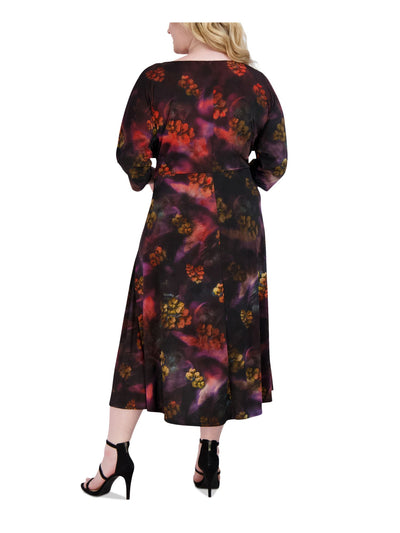 SIGNATURE BY ROBBIE BEE Womens Black Unlined Tie Front Hi-lo Hem Floral 3/4 Sleeve Scoop Neck Tea-Length Wear To Work Fit + Flare Dress Plus 1X