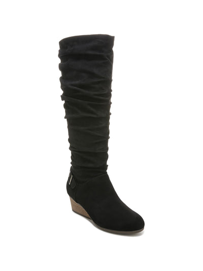 DR SCHOLLS Womens Black Goring Cushioned Ruched Break Free Round Toe Wedge Zip-Up Slouch Boot 7 M