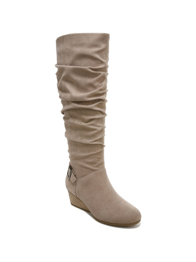 DR SCHOLLS Womens Beige Goring Padded Buckle Accent Ruched Break Free Round Toe Wedge Zip-Up Dress Slouch Boot 6.5 M