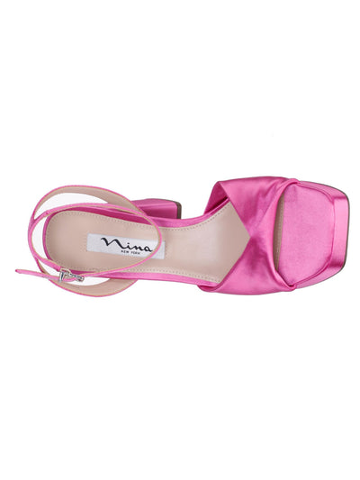NINA Womens Pink Twist Straps 1" Platform Ankle Strap Padded Stacie Square Toe Block Heel Buckle Dress Heeled Sandal 9 M