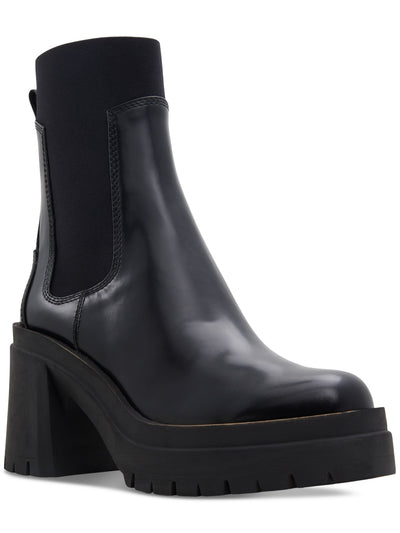 ALDO Womens Black 1-1/2" Platform Back Pull-Tab Goring Lug Sole Bigmood Round Toe Block Heel Leather Chelsea 6